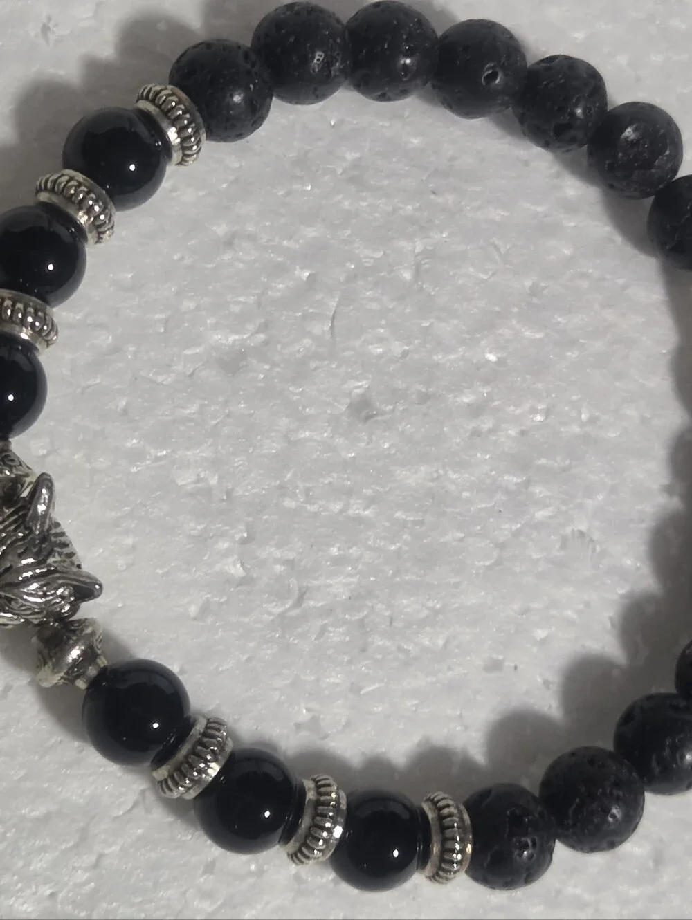 Handcrafted Black Beaded Wolf Head Stretch Bracelet